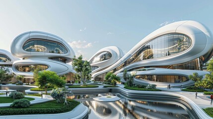 Obraz premium Futuristic architecture with nature integration.