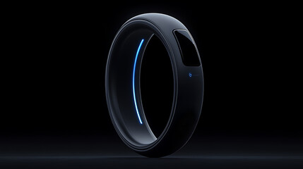 Sleek, futuristic smart ring with glowing blue accent and small display on a black background. Tech accessory for a modern lifestyle.