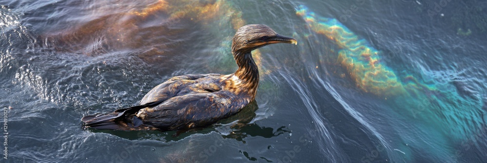 Poster seabird struggles in oil spill near coastal waters while rainbow sheen reflects on ocean surface. ge