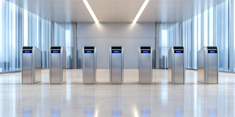 Automated security gates stand in an expansive, modern lobby, equipped with digital interfaces, enhancing access control in a bright and professional setting.