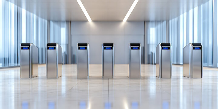 Automated security gates stand in an expansive, modern lobby, equipped with digital interfaces, enhancing access control in a bright and professional setting.