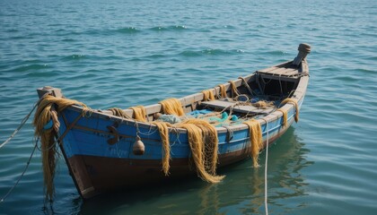 Fototapeta premium Abandoned fishing boat coastal waters nautical photography serene environment close-up view maritime concept