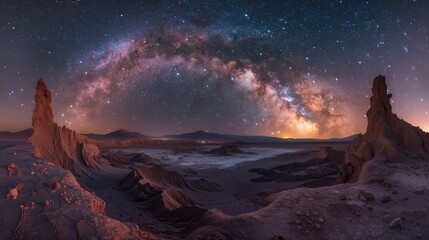 Stunning Night Sky Above Unique Rock Formations in A Desert Landscape Under the Milky Way Galaxy