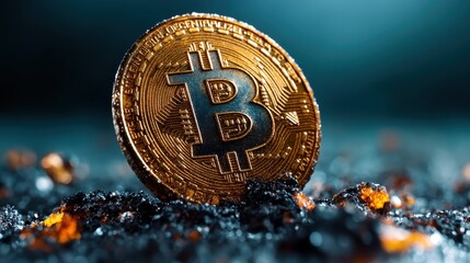 A beautiful Bitcoin coin rests on a dark, rocky surface, representing the foundational value of digital currency amidst a strong and stable environment.
