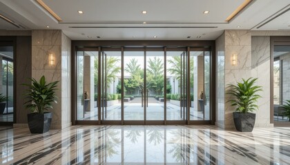 Obraz premium Elegant lobby entrance with glass doors and lush greenery modern hotel interior design urban oasis perspective
