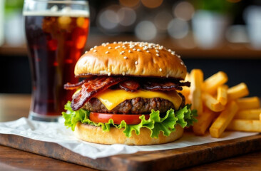 Tasty burger with juicy patty, fried bacon, fresh herbs and cheese on wooden board, next to it there French fries with glass of sweet soda water. Background cafe blur. Unhealthy food
