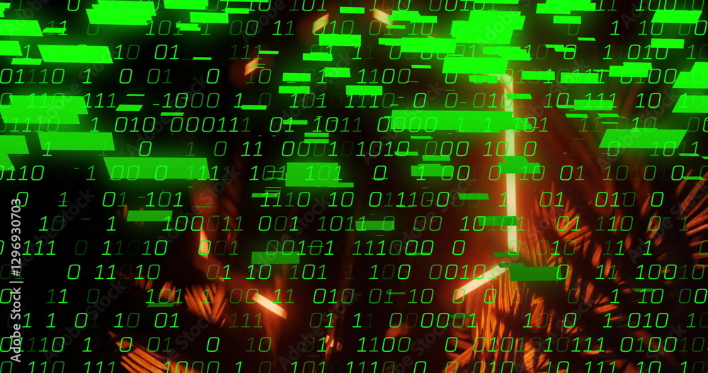 Poster binary code image over neon lights and abstract shapes