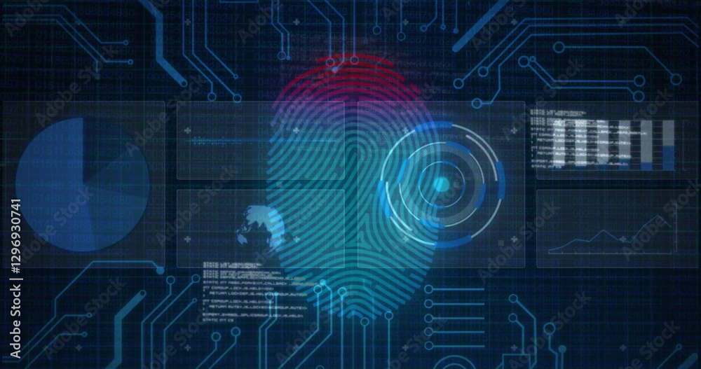 Poster fingerprint scanning and data processing image over digital circuit background