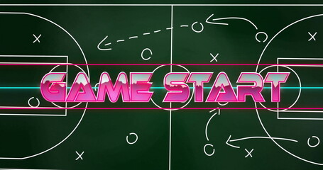 Game start text image over chalkboard with sports strategy diagram