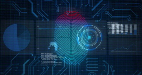 Fingerprint scanning and data processing image over digital circuit background