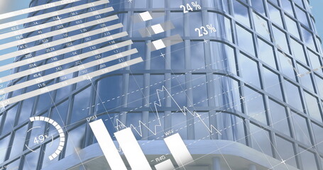 Financial data and world map image over modern glass building