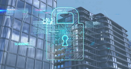Digital padlock and data security image over modern office buildings