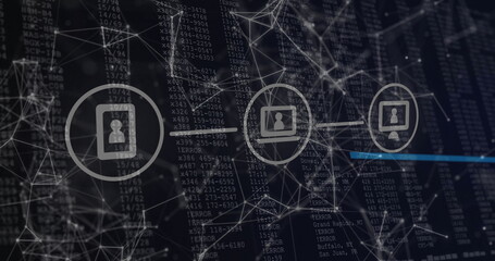 Network of connections and data processing image over digital code background