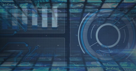 Digital data processing image over futuristic interface with graphs and circular elements