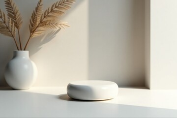Sunlit Minimalist Product Display with White Pedestal and Dried Plant