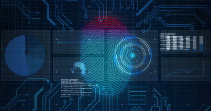 Fingerprint scanning and data processing image over digital circuit background - Powered by Adobe