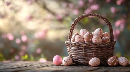 Whimsical Easter scene featuring Handwoven Easter basket and Chocolate egg surprise, soft lighting, delicate details, elegant design, perfect for seasonal graphics.
