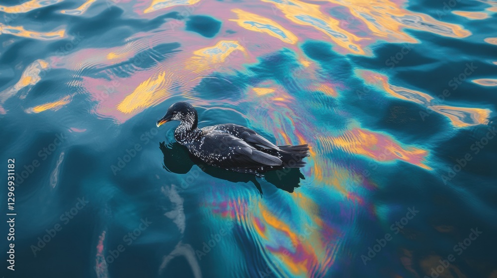 Poster seabird struggles to stay afloat in an oil spill on the ocean surface during daylight hours. generat