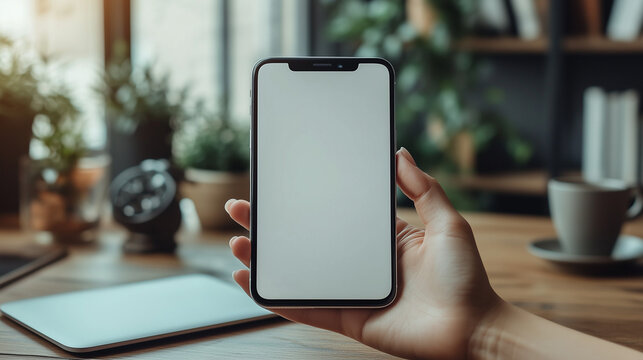 Hand holding a smartphone in a cozy workspace with plants and an open notebook visible during daylight
