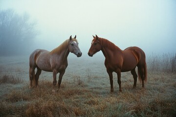 Fototapeta premium Two Horses in Foggy Field