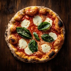 Freshly baked Pizza Margherita on rustic wooden table in natural light