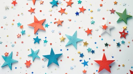 Obraz premium Minimalist image featuring stars of various sizes and colors on white background