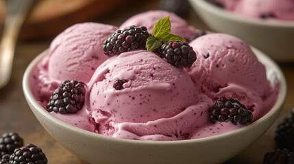 Creamy blackberry ice cream served in a bowl with fresh berries and mint on a rustic wooden table