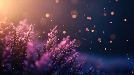 Dreamy field of purple flowers with sparkling specks of sunlight in a soft and serene setting