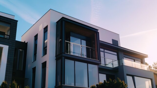 Spacious modern house with large windows glowing at sunset.
