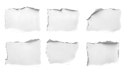 Fototapeta premium torn blank pages with uneven texture edges. set of ripped white paper sheets png isolated on transparent background. document or newspaper mockup.