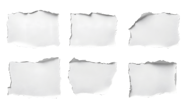 torn blank pages with uneven texture edges. set of ripped white paper sheets png isolated on transparent background. document or newspaper mockup.