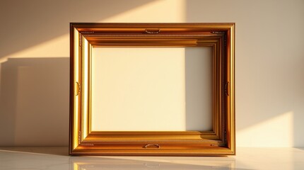 Ornate gold picture frame against a neutral wall. Soft light adds depth and texture. Classic design element.