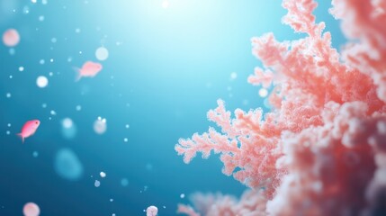 Underwater coral reef with delicate pink corals, small fish, and dreamy bubbles in turquoise water