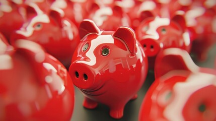 Multiple red piggy banks representing mass saving or collective investing