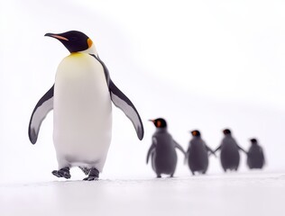 Fototapeta premium Majestic emperor penguin leading a group of adorable penguin chicks on a snowy landscape in Antarctica under a bright white sky