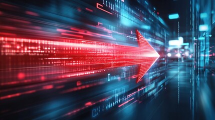 Fototapeta premium A futuristic red arrow smashing through a digital barrier, representing innovation and breakthrough.