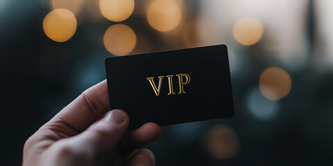 Hand holding a VIP card against a bokeh background. Luxury and exclusivity are visually communicated in this composition. Gold embossed letters.