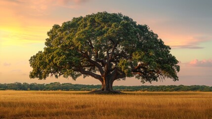 Fototapeta premium Lone tree standing in golden grassland at sunset.