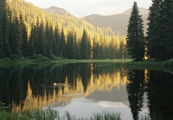 Obraz premium Serene Landscape with Golden Light Reflecting on Calm Water Surrounded by Tall Pine Trees and Mountain Peaks in the Background During Sunset