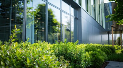 Fototapeta premium Office landscape with lush green plantings in foreground.
