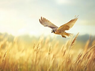 Fototapeta premium Majestic Falcon in Flight Above Golden Grassland Under Soft Sunlight with Clear Sky and Warm Color Palette