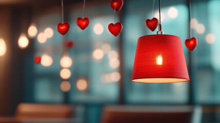 A striking red lamp illuminated with warm light, surrounded by hanging heart decorations, creating a romantic and cozy atmosphere ideal for intimate settings.