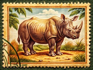 Fototapeta premium Vintage Ethiopian Postage Stamp Featuring a Rhinoceros - Detailed Close-up Product Photography