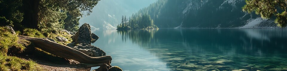 A serene lake with a mountain backdrop and a clear area for text 