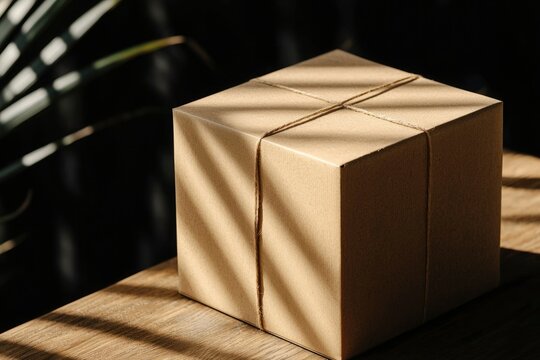 Cardboard box tied with string on wooden table with shadows, for delivery ads