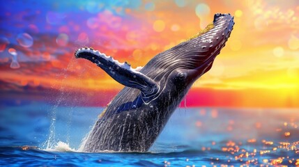 Majestic whale breaching under sunset skies.