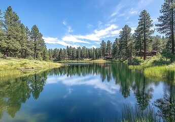Serene Mountain Lake Surrounded by Lush Green Pine Trees Under a Clear Blue Sky with Reflections on Calm Waters in a Peaceful Nature Setting