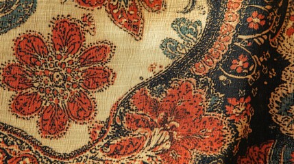 Paisley Pattern Tapestry: A close-up shot of a tapestry or textile showcases a intricate paisley pattern with bold floral and ornamental motifs.