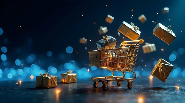 A miniature gold shopping cart filled with gold nuggets, beside a digital tablet and flowing light trails, symbolizing online wealth and e-commerce