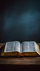 An open Bible on an old wooden table
